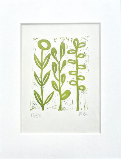 Small lino print by Melissa Birch, Green Stems in apple green on white