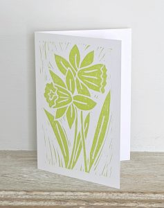 Hand printed card by artist Melissa Birch with Daffodils design