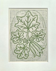 Lino print artwork by Melissa Birch showing Courgette Plant in natural green