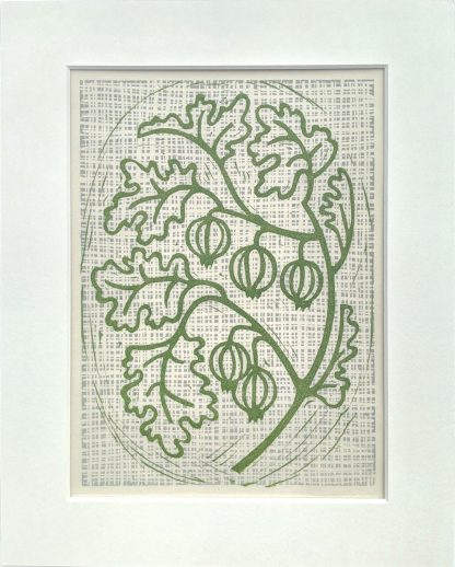 Lino print artwork by Melissa Birch showing Gooseberries on a bush in natural green