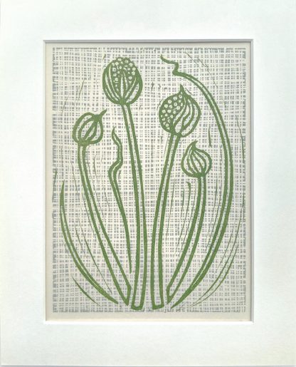 Lino print artwork by Melissa Birch showing Onions in Flower