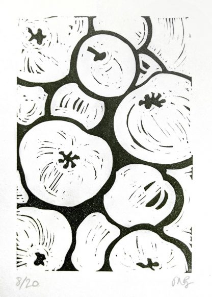 Monochrome lino print by Melissa Birch showing a collection of orchard apples