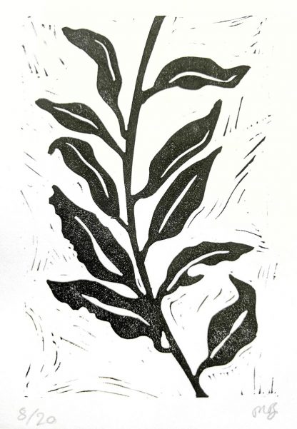 Monochrome lino print by Melissa Birch of a Bay tree stem