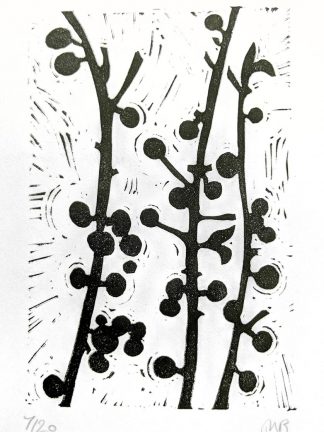 Monochrome lino print by Melissa Birch, Sloe berries on branches
