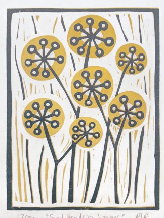Floral lino print by artist Melissa Birch showing dried flower heads in golden yellow with navy blue stems