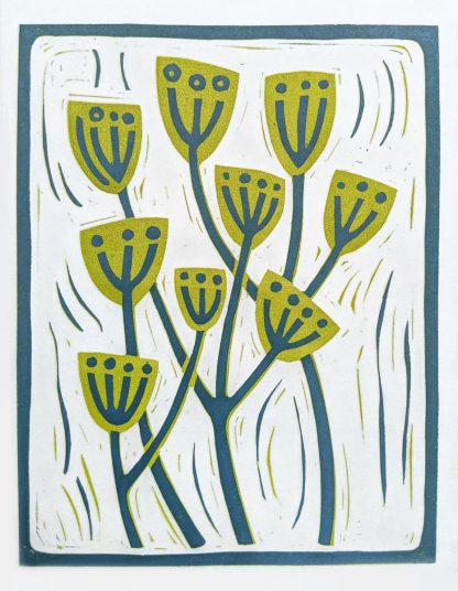 Floral lino print by artist Melissa Birch, depicting Wild Fennel in green and blue on white background