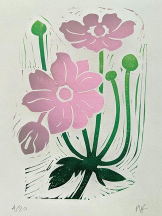 Colourful lino print by Melissa Birch showing Japanese Anemone flowers in bud and bloom