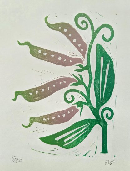 Colourful lino print by Melissa Birch, showing Sweet Pea pods with green leaves and tendrils