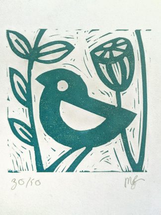 Small lino print by Melissa Birch, Little Blue Bird