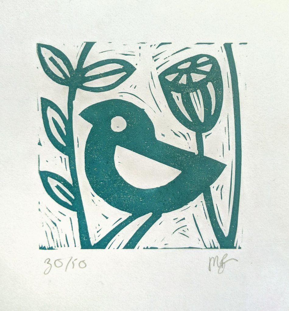 Small lino print by Melissa Birch, Little Blue Bird