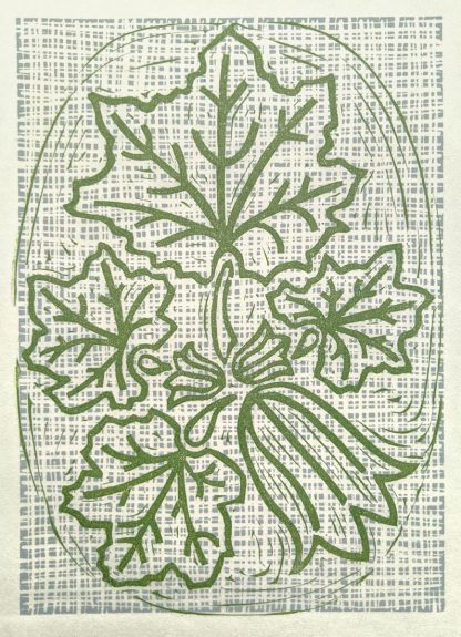 lino print by Melissa Birch of a Courgette plant in green on patterned background