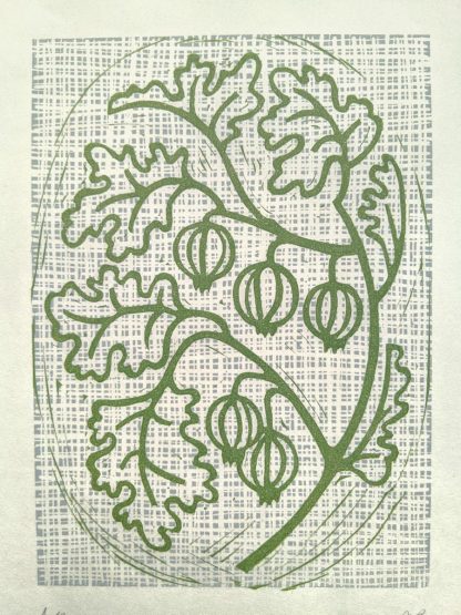 Lino print artwork by Melissa Birch showing Gooseberries on a stem with leaves