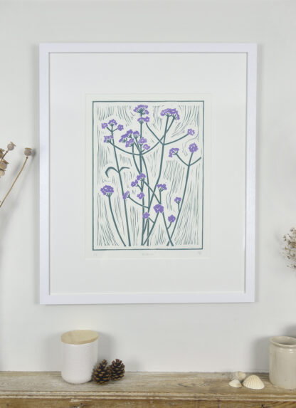 Large lino print by Melissa Birch, Verbena in context