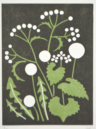 Lino print of wildflowers on a blck background by Melissa Birch