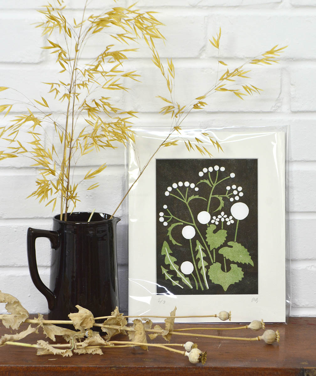 Lino print of wild flowers by lino printer Melissa Birch