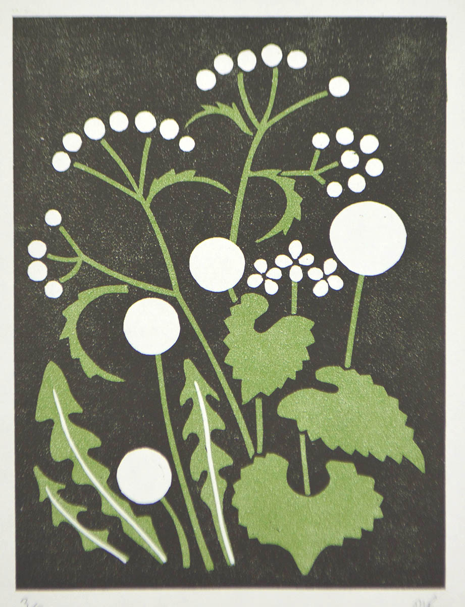 Lino print of wildflowers on a blck background by Melissa Birch