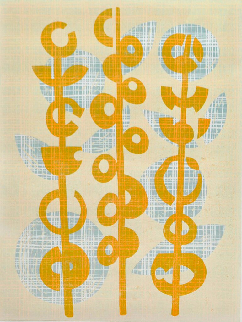 Orange stem lino cut by artist and printmaker melissa birch
